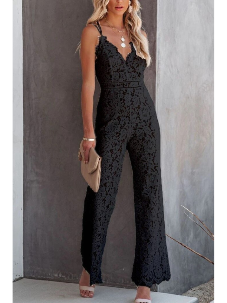 Women's elegant wide leg jumpsuit with a lace back and wide legs