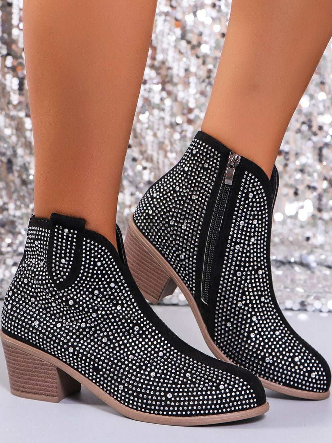 Women's Rhinestone Pointed Toe Block Heel Boots