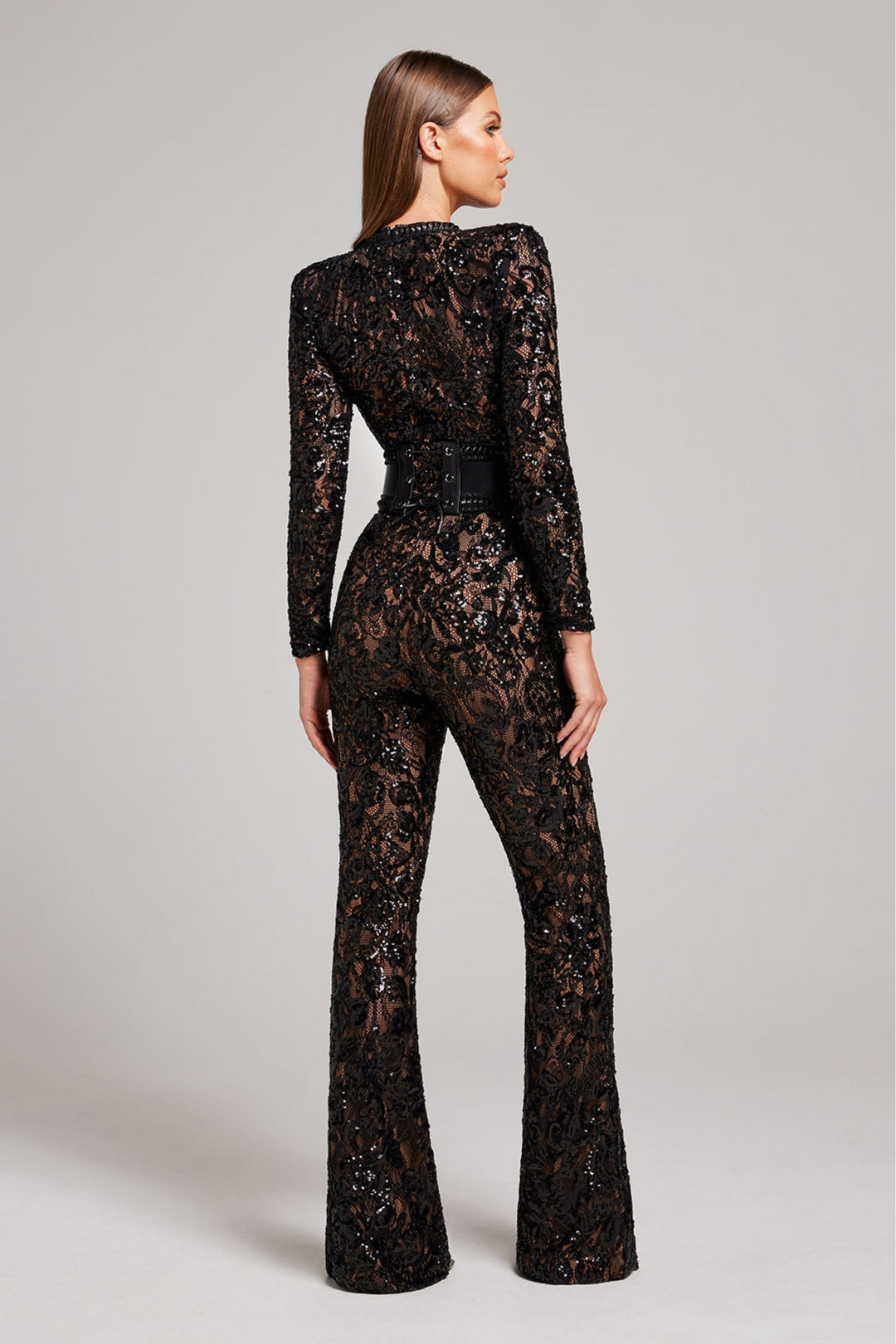 Women’s Lace Jumpsuit - Sequin Embellished - Long Sleeve - High Neck - Fitted Waist