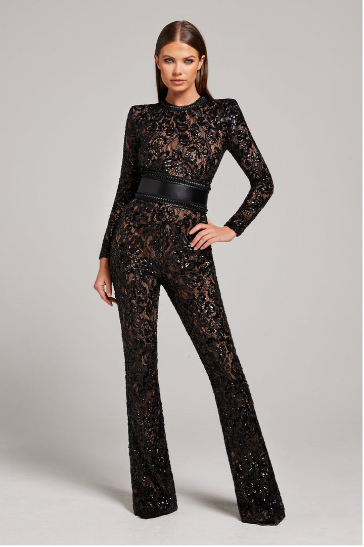 Women’s Lace Jumpsuit - Sequin Embellished - Long Sleeve - High Neck - Fitted Waist