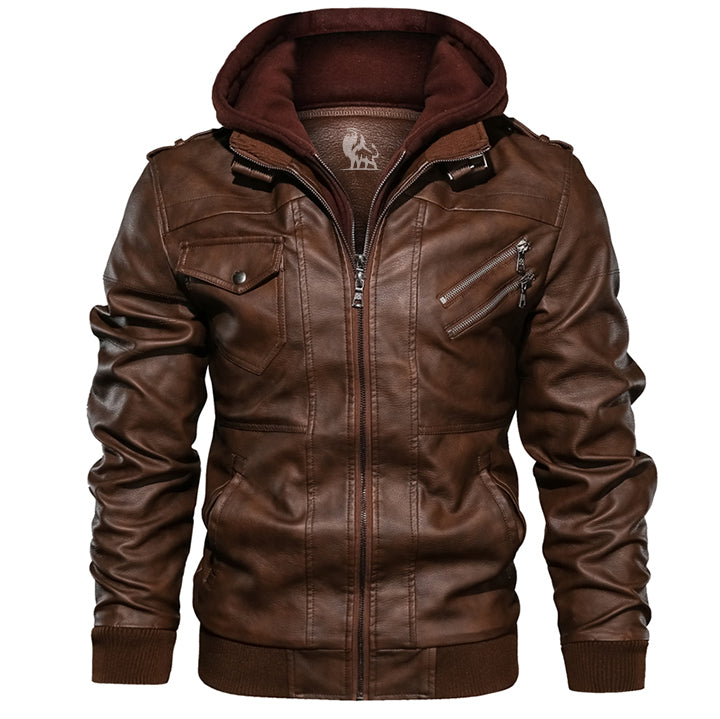 Men's casual leather jacket with detachable hood