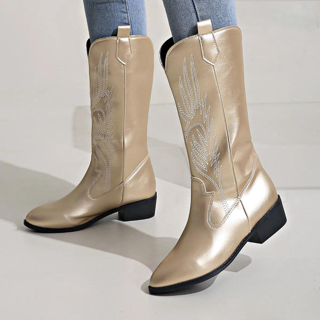 Women's PU Leather Cowboy Boots with Comfortable Lining