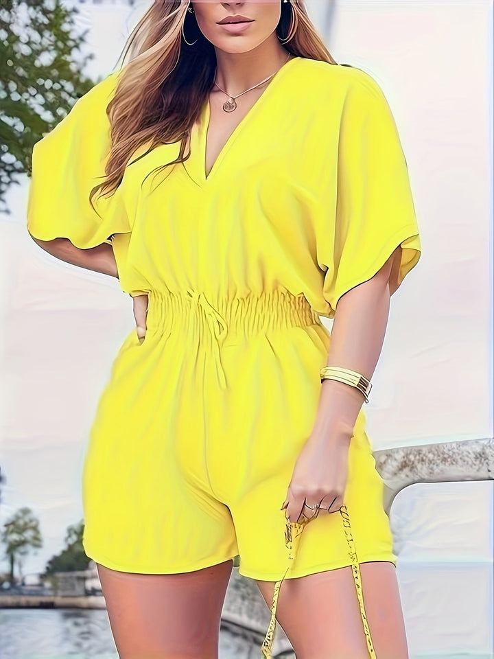 V-Neck Short Sleeve Romper - Shirred Waist Jumpsuit for Spring & Summer Women's Fashion