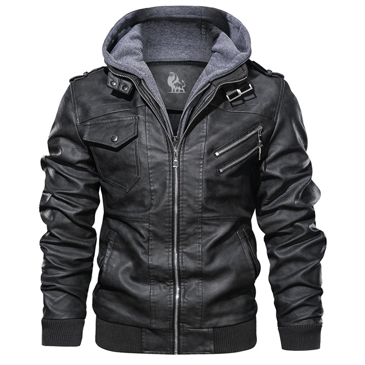 Men's casual leather jacket with detachable hood