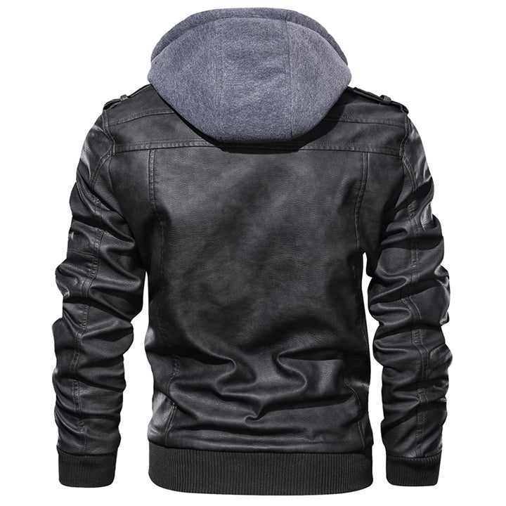 Men's casual leather jacket with detachable hood