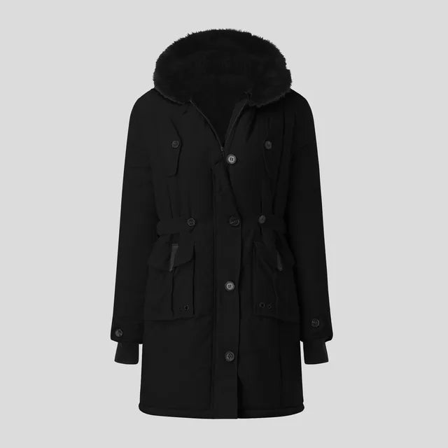 Stylish women's casual parka with black fur hood