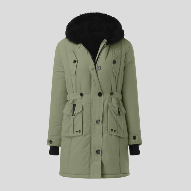 Stylish women's casual parka with black fur hood