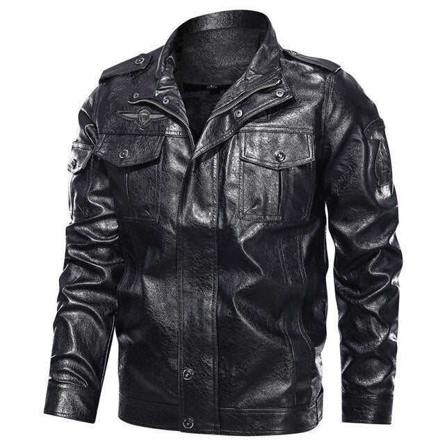 Men's casual pu leather jacket with patch details