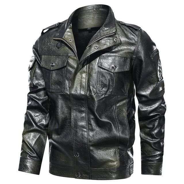 Men's casual pu leather jacket with patch details